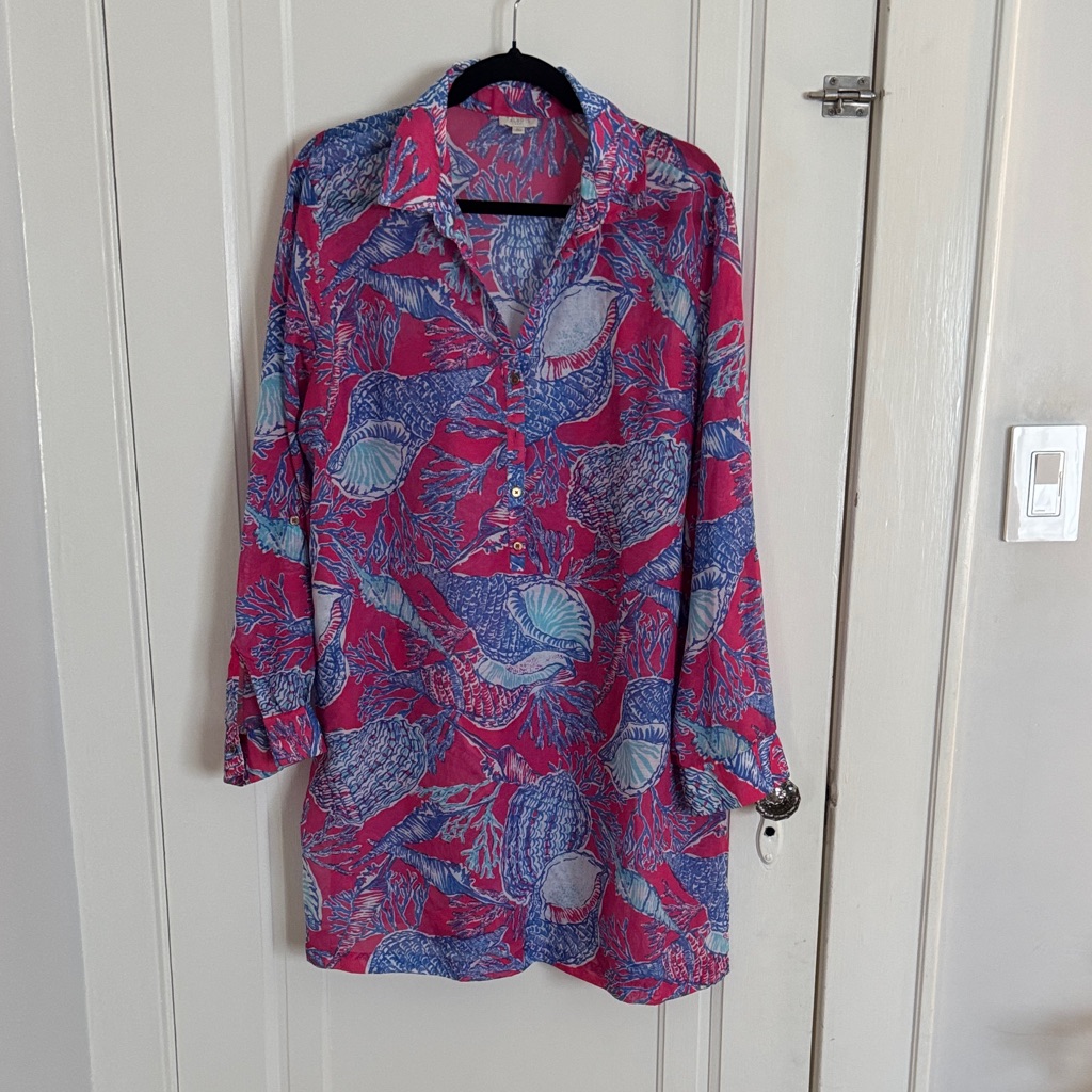 Talbots Pink And Blue Shell-Print Button-Front Tunic